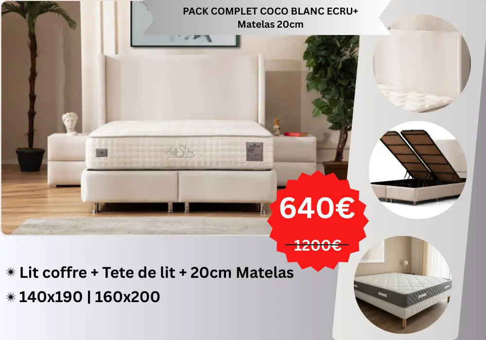 PACK COMPLET COCO BLANC ECRU+  Matelas 20cm Swedzo-Meuble