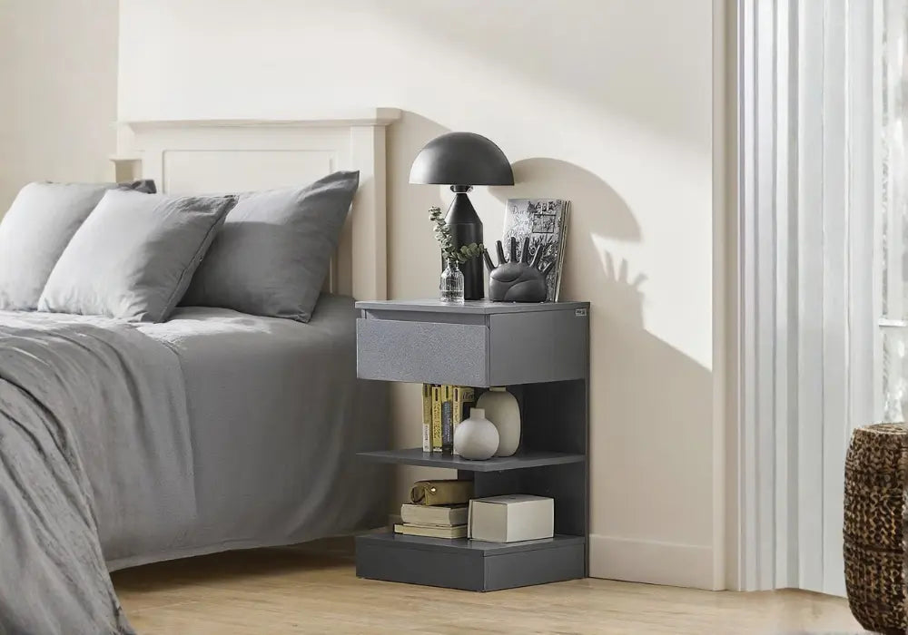 Table d'appoint moderne en forme de S, gris anthracite, avec tiroir Swedzo-Meuble