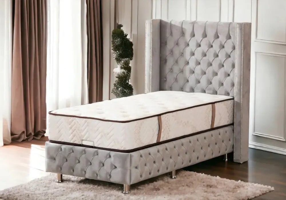 90x190 Lit Coffre Enfant CLOUTE - Velours capitonné Swedzo-Meuble