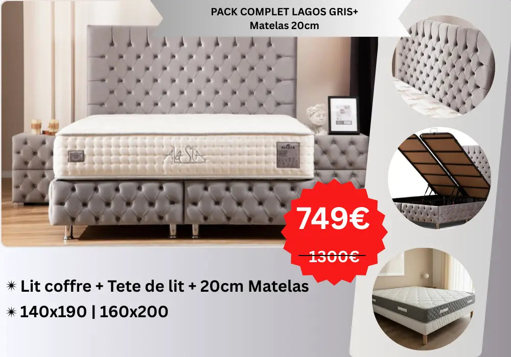 PACK COMPLET LAGOS GRIS+ Matelas 20cm Swedzo-Meuble