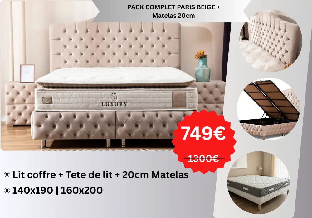 PACK COMPLET PARIS BEIGE ET ANTHRACITE+ Matelas 20cm Swedzo-Meuble