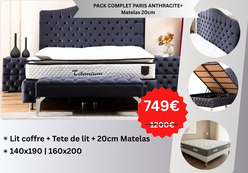PACK COMPLET PARIS BEIGE ET ANTHRACITE+ Matelas 20cm Swedzo-Meuble