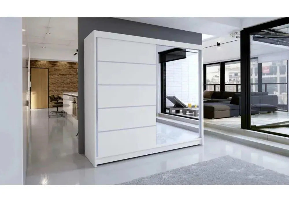 Armoire dressing Lyon 160 cm blanche avec portes coulissantes et miroir pour chambre