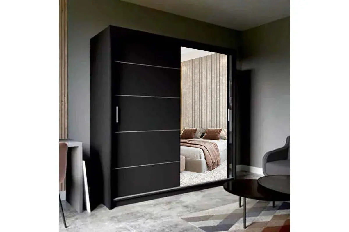 Armoire penderie moderne Lyon 160 cm noire portes coulissantes avec miroir intégré