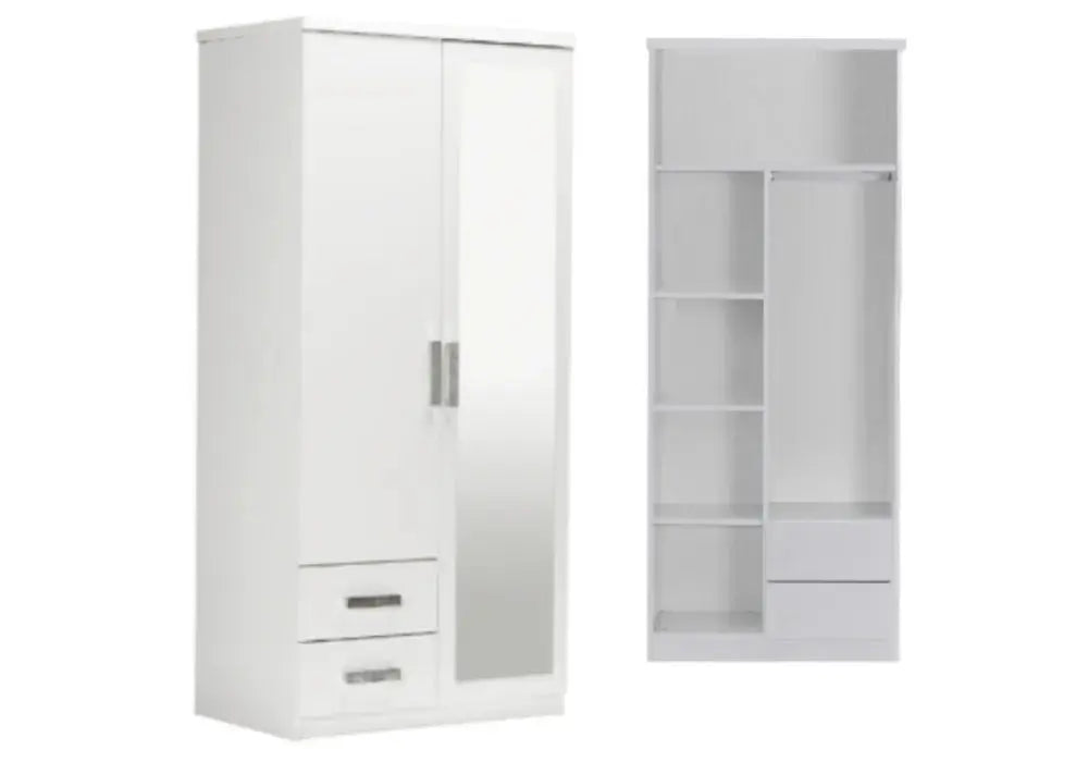 Armoire 2 portes PALMA blanc argent avec miroir et tiroirs - Swedzo Meuble