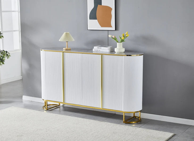 Buffet rectangulaire Esmee, bords arrondis, marbre blanc, céramique, pieds dorés, 180 cm