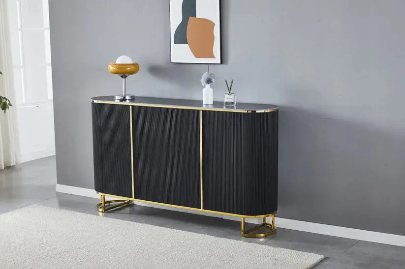 Buffet rectangulaire Esmee, bords arrondis, marbre blanc, céramique, pieds dorés, 180 cm Swedzo-Meuble