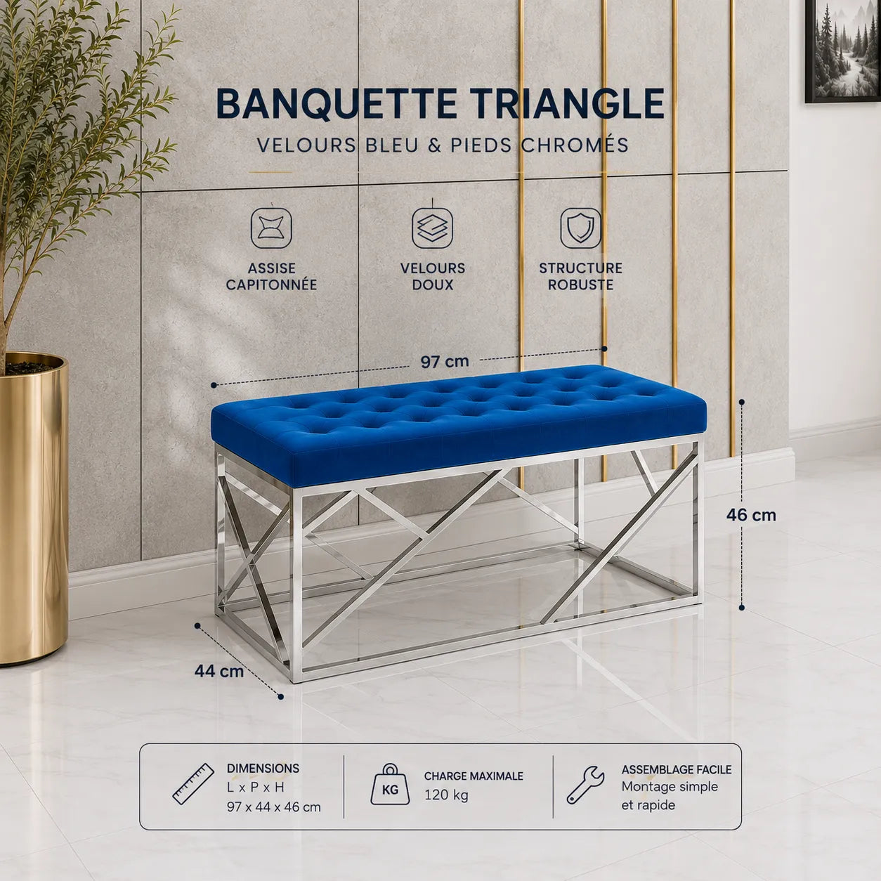Banquette Geomag Capitonne Velours Pieds Chrome