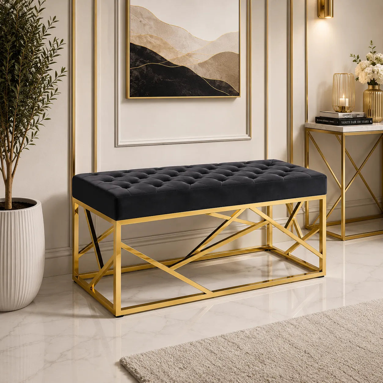 Banquette Geomag Capitonne Velours Pieds Dore
