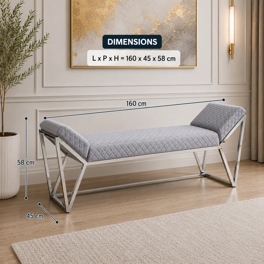 Banquette Lounge Velours Gris Pieds Chrome 160x45x68 CM