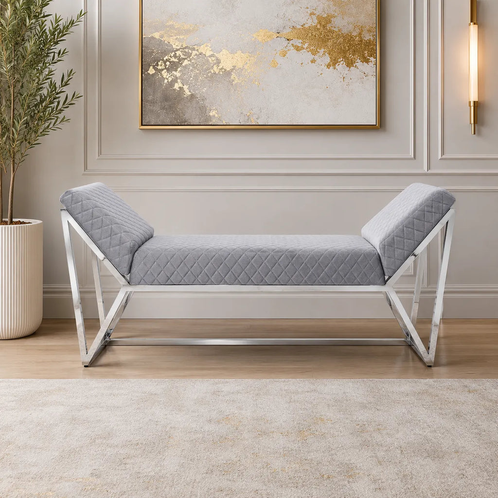 Banquette Lounge Velours Gris Pieds Chrome 160x45x68 CM
