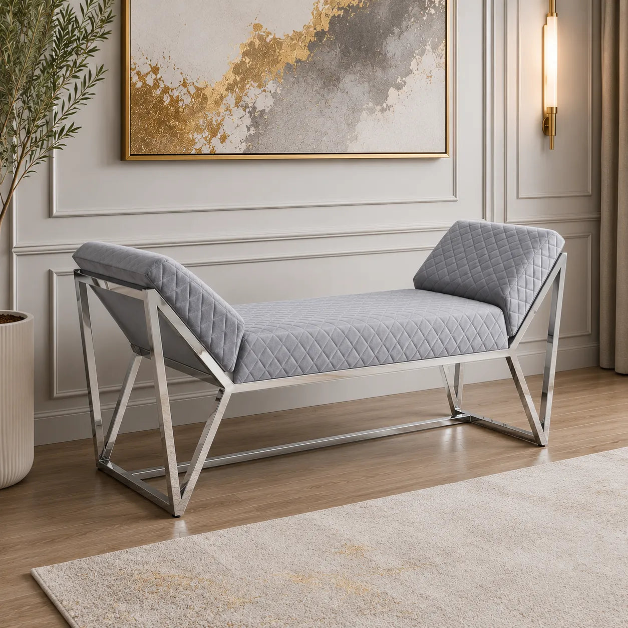 Banquette Lounge Velours Gris Pieds Chrome 160x45x68 CM