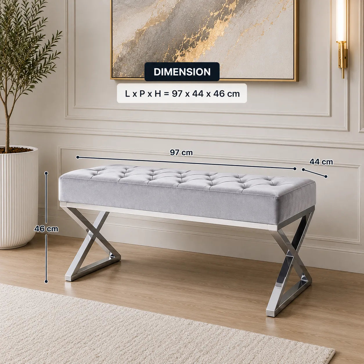 Banquette Olympe Velours Gris Pieds Chrome 97x44x46 CM