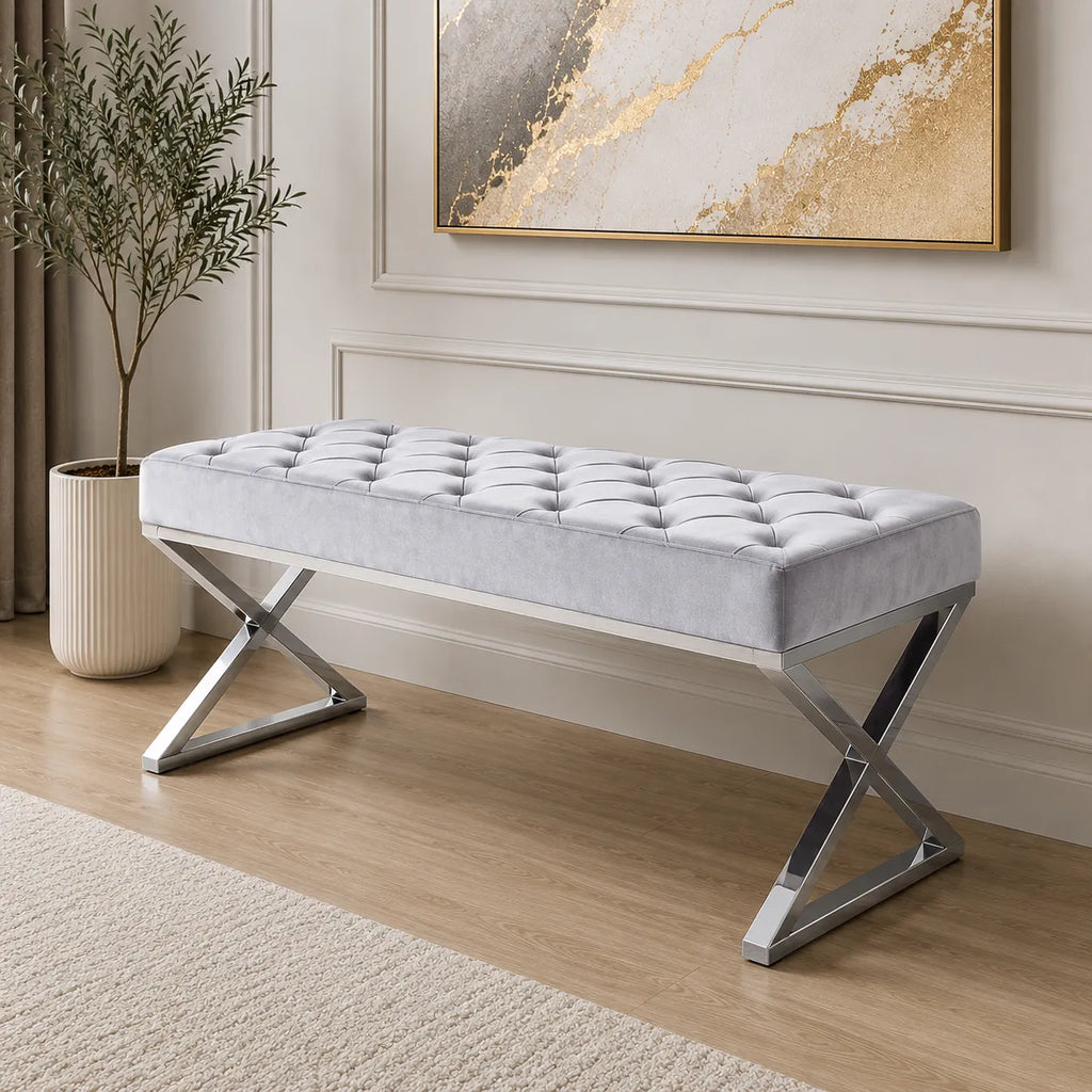 Banquette Olympe Velours Gris Pieds Chrome 97x44x46 CM