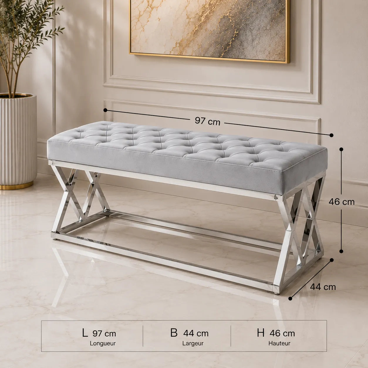 Banquette Triangle Capitonne Velours gris Pieds Chrome