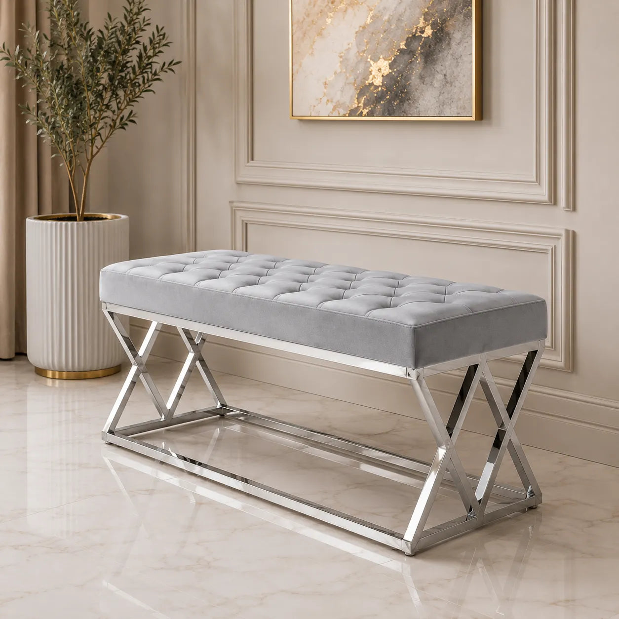 Banquette Triangle Capitonne Velours gris Pieds Chrome