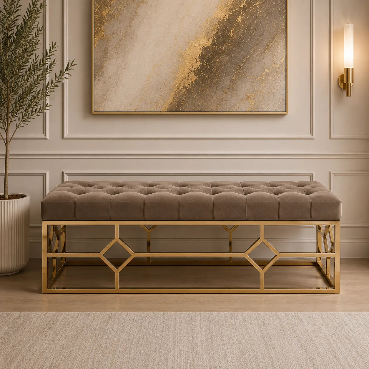 Banquette Vertigo Capitonné Velours Pieds Dore
