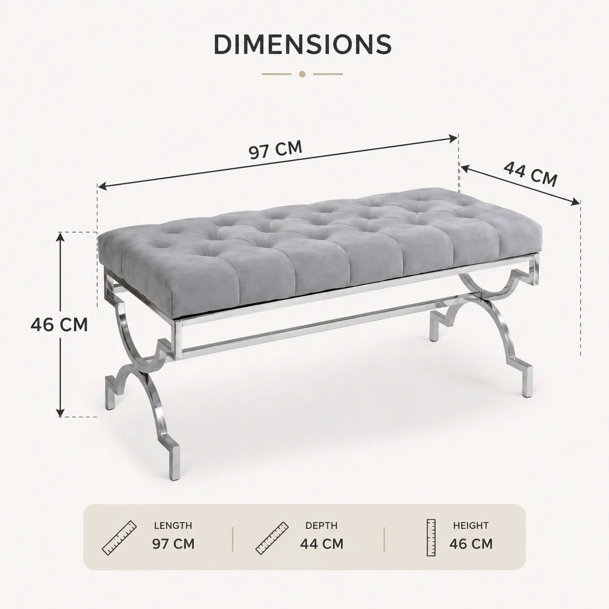 Banquette Cross Capitonne Velours Gris Pieds Chrome