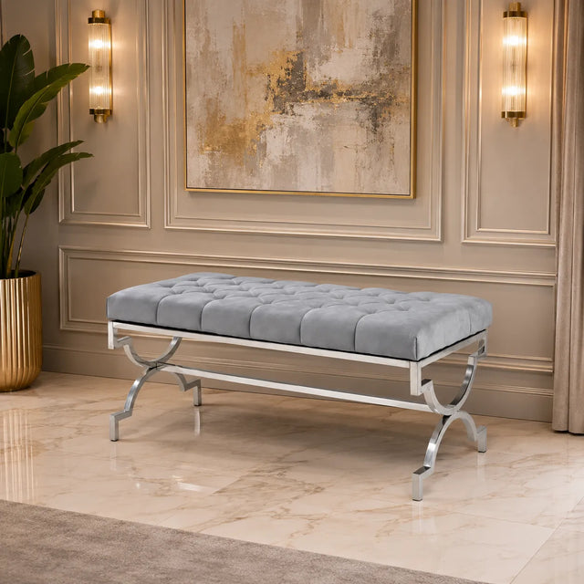 Banquette Cross Capitonne Velours Gris Pieds Chrome