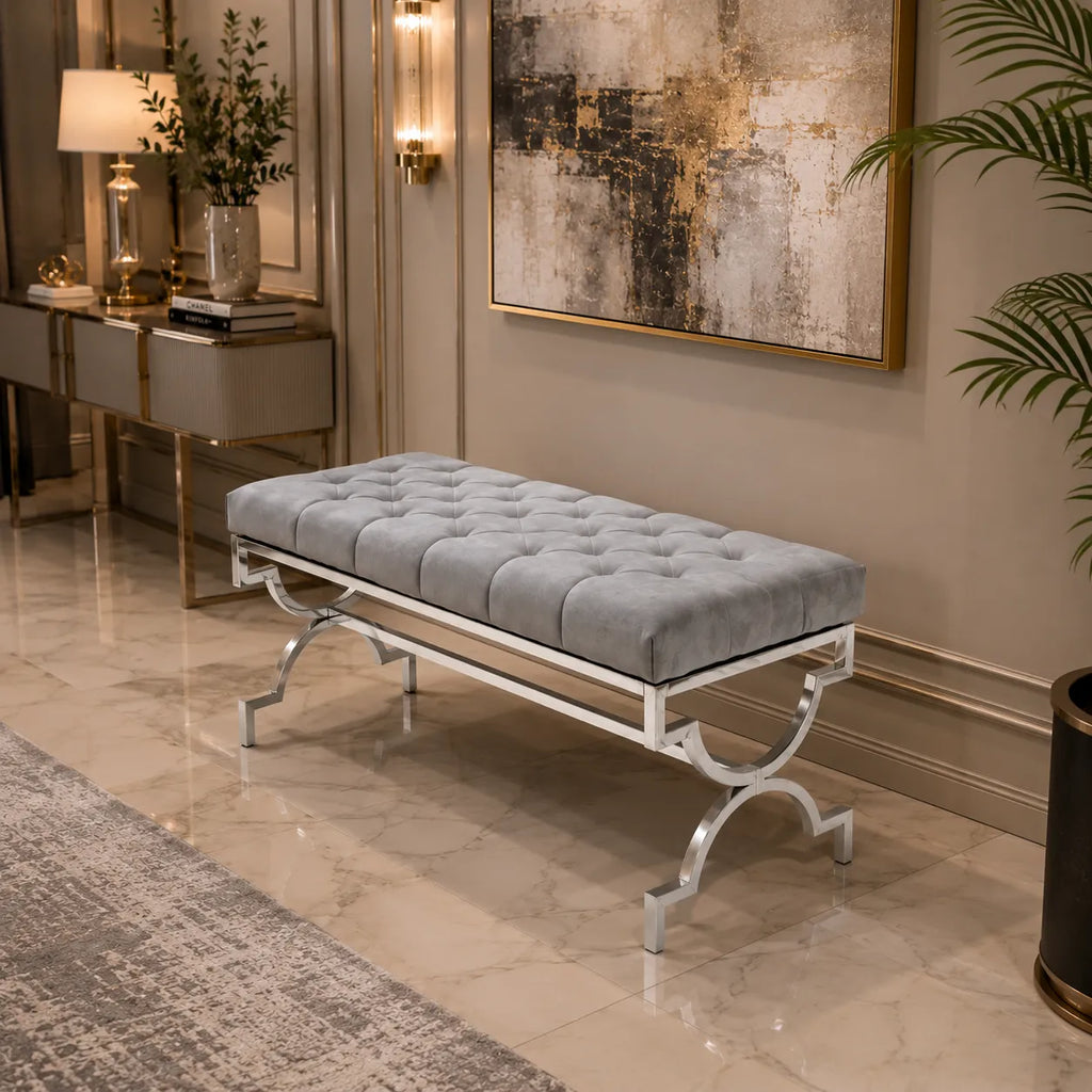 Banquette Cross Capitonne Velours Gris Pieds Chrome
