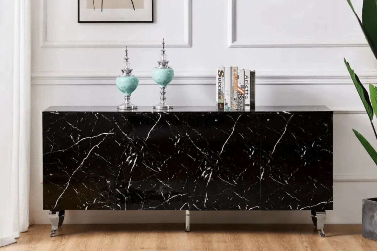 Buffet Baroque Laque Marbre Pieds Chrome Swedzo-Meuble