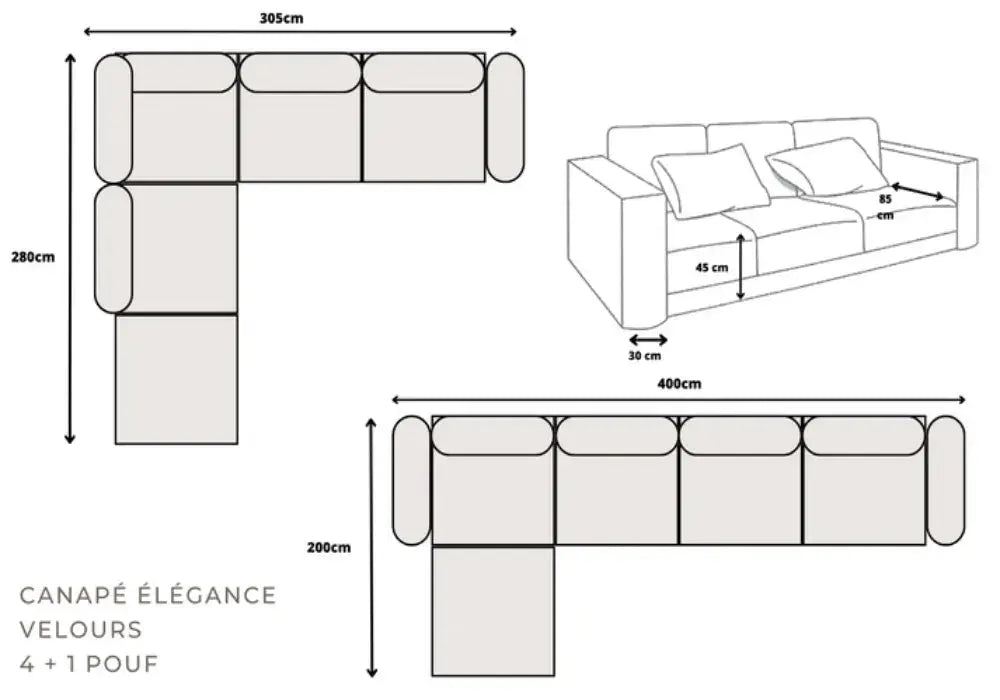 Canapé Elégance Velours Modulable 4+1 Pouf Swedzo-Meuble