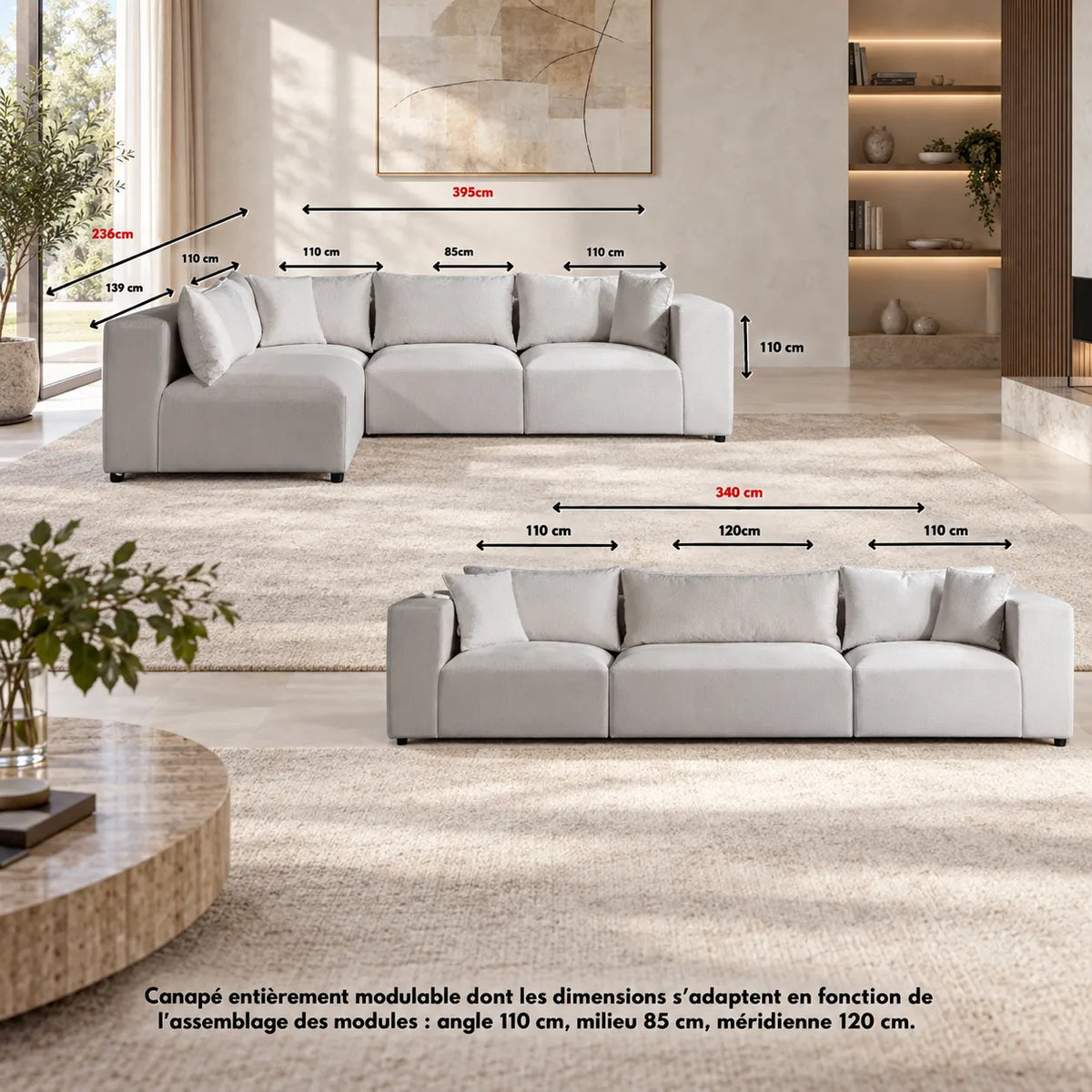 Canapé Azra Modulable Velours Blanc cassé