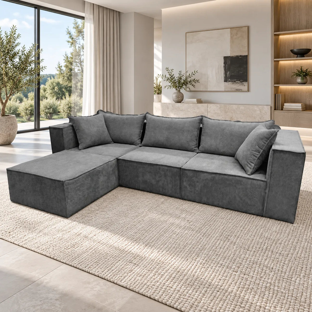 Canape D’angle Universel Modulo 3+1 Velours Côtelé Gris 305x192cm