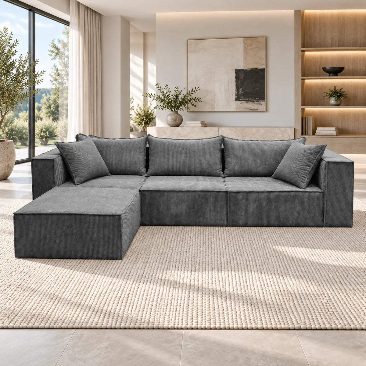 Canape D’angle Universel Modulo 3+1 Velours Côtelé Gris 305x192cm