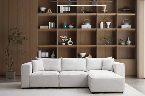 Canapé Elégance Chenille Modulable Blanc cassé 3+1 Pouf Swedzo-Meuble