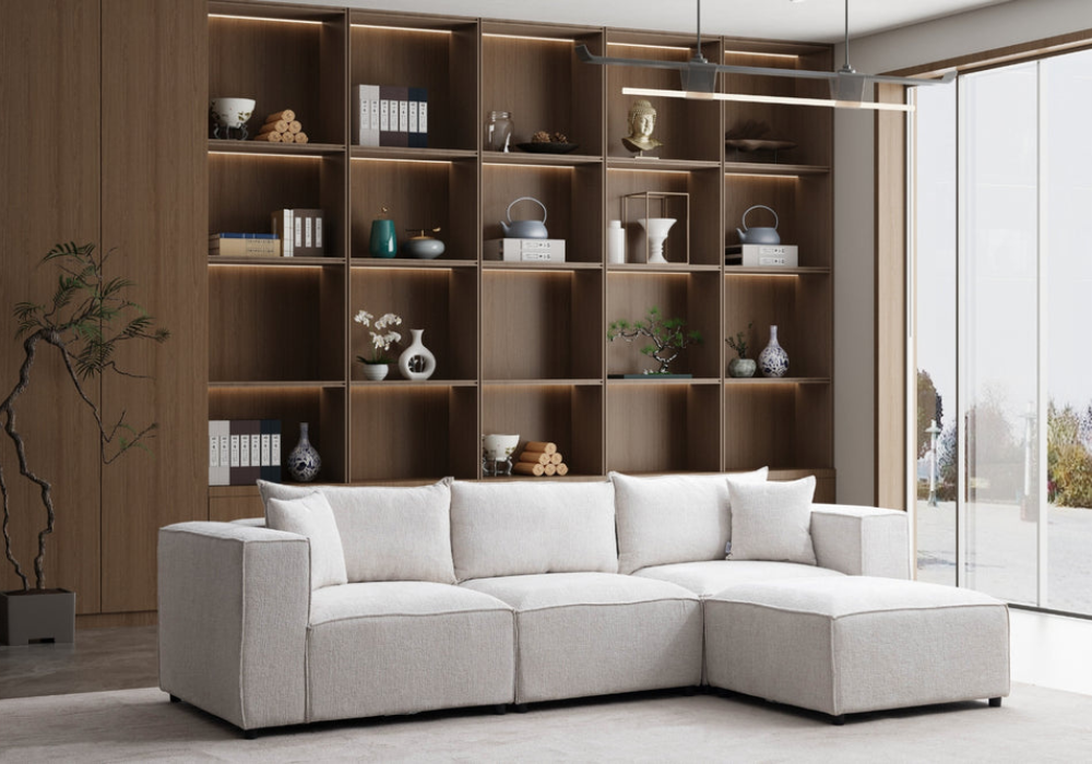 Canapé Elégance Chenille Modulable Blanc cassé 3+1 Pouf