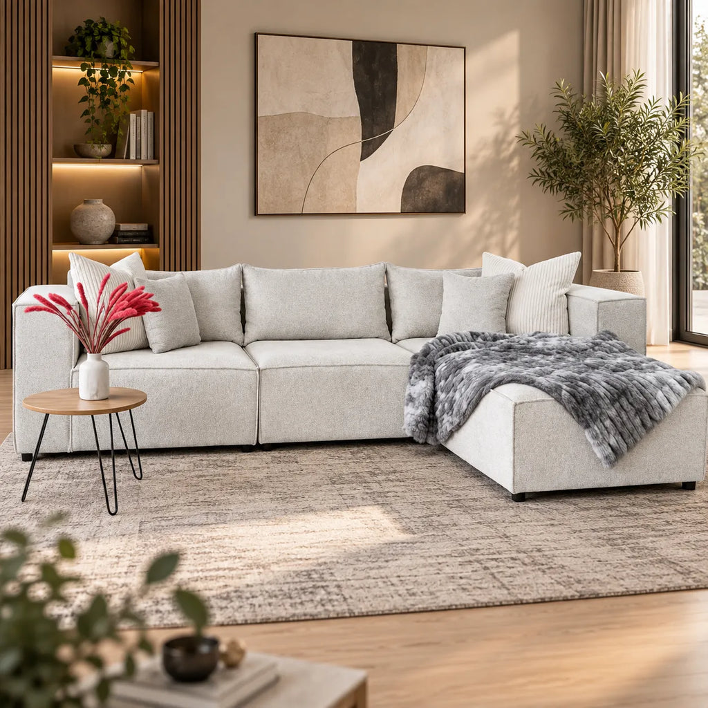 Canapé Elégance Chenille Modulable Blanc cassé 3+1 Pouf