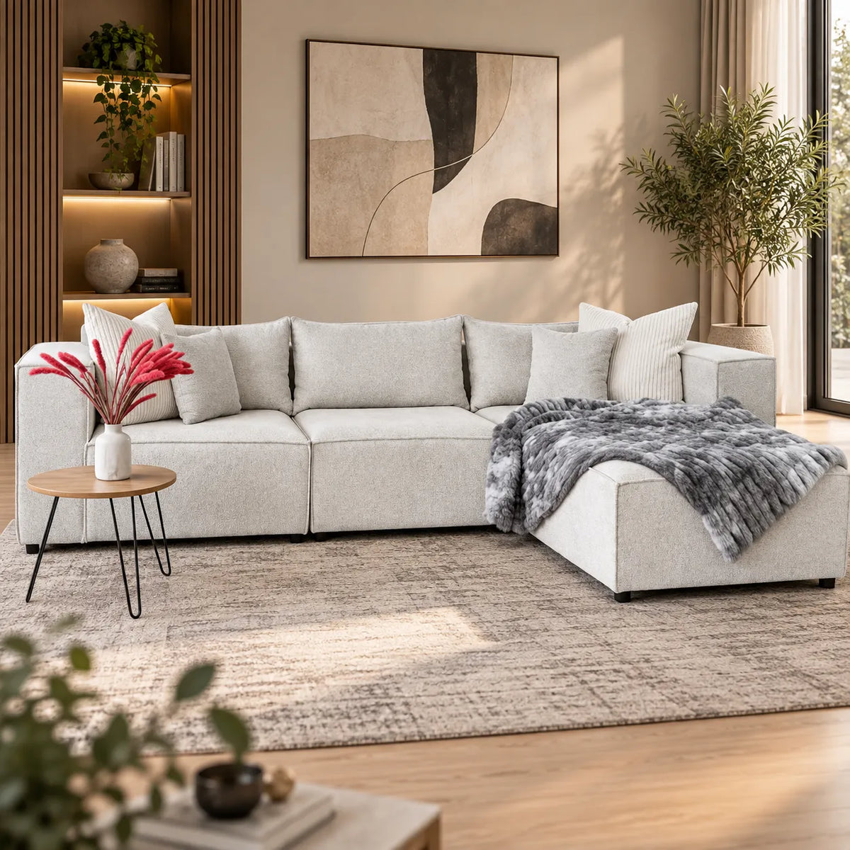 Canapé Elégance Chenille Modulable Blanc cassé 3+1 Pouf