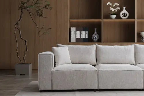 Canapé Elégance Chenille Modulable Blanc cassé 3+1 Pouf Swedzo-Meuble