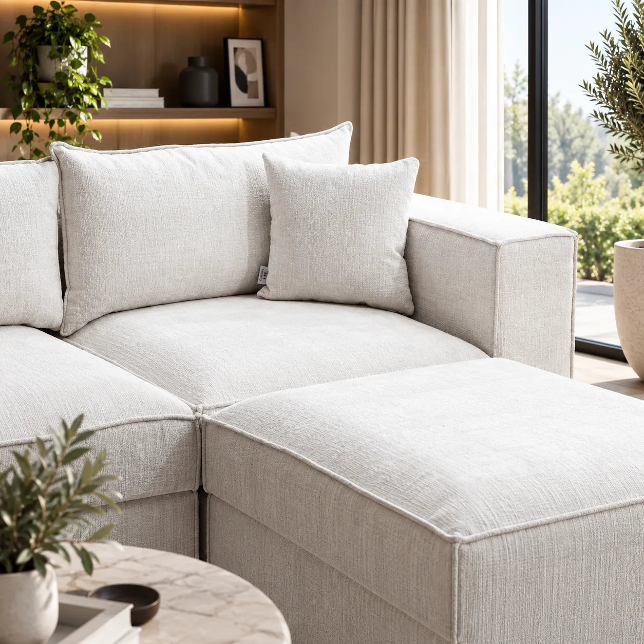 Canapé Elégance Chenille Modulable Blanc cassé 3+1 Pouf