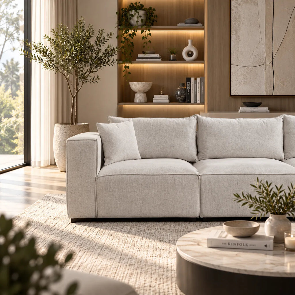 Canapé Elégance Chenille Modulable Blanc cassé 3+1 Pouf