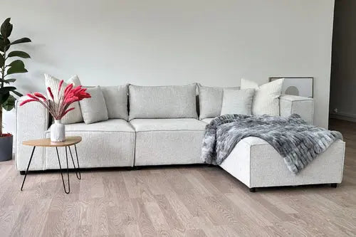 Canapé Elégance Chenille Modulable Blanc cassé 3+1 Pouf Swedzo-Meuble