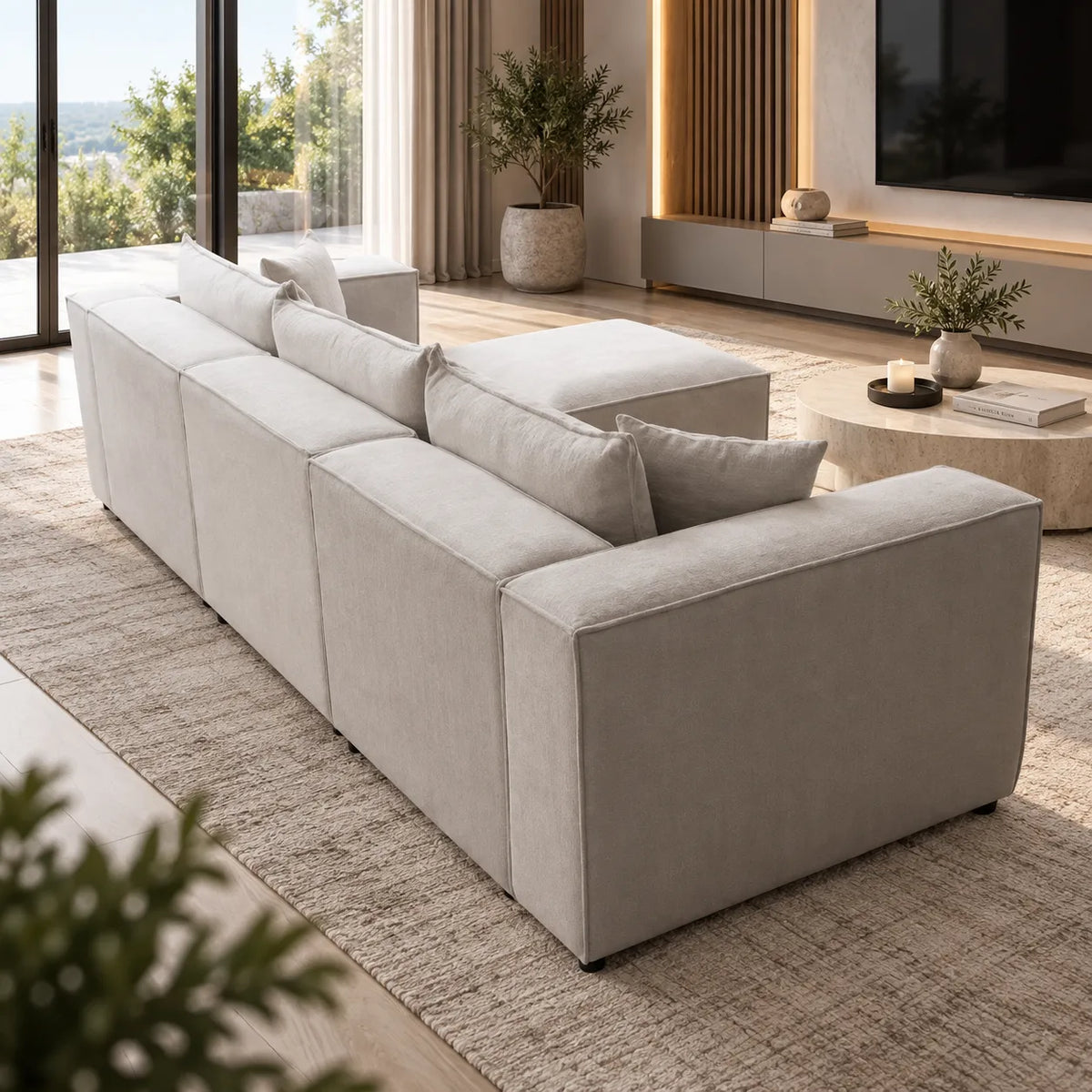 Canapé Elégance Chenille Modulable Blanc cassé 3+1 Pouf