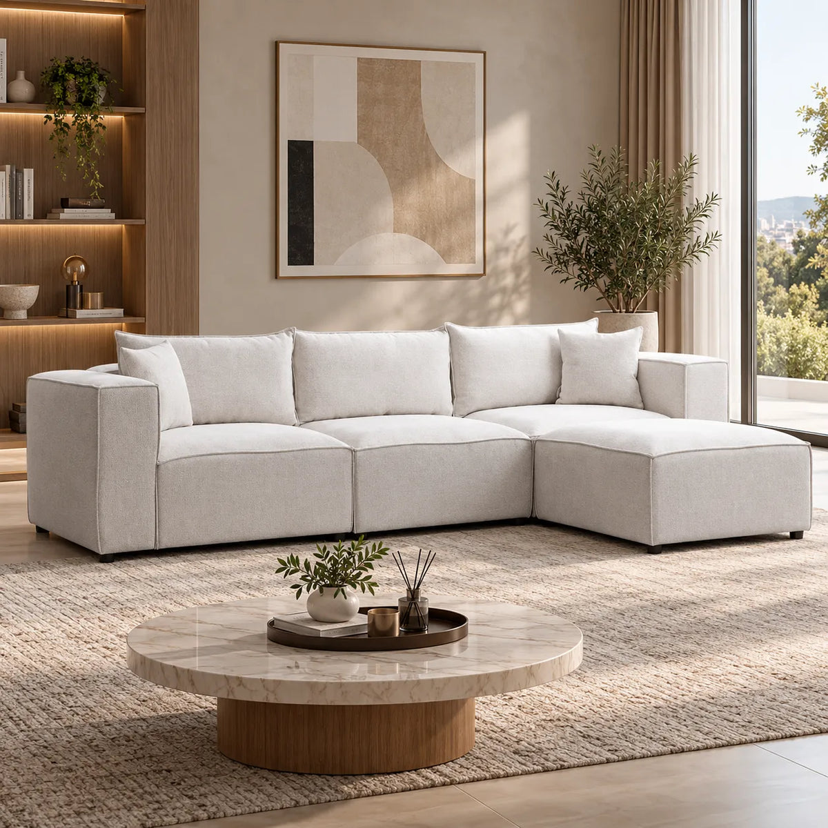 Canapé Elégance Chenille Modulable Blanc cassé 3+1 Pouf