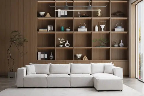 Canapé Elégance Chenille Modulable Blanc cassé 4+1 Pouf Swedzo-Meuble