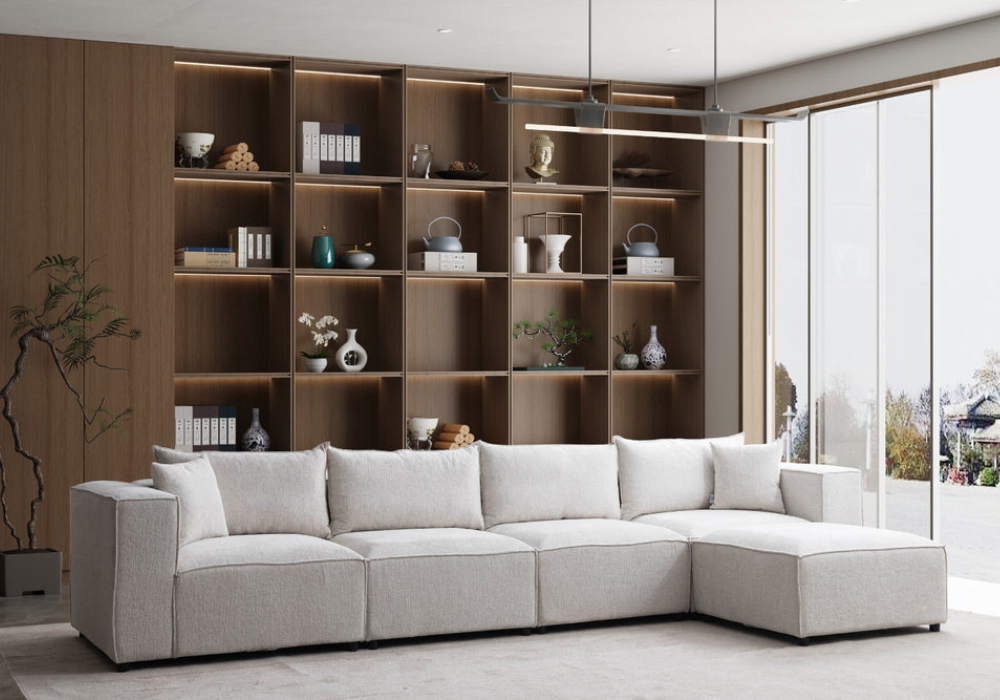 Canapé Elégance Chenille Modulable Blanc cassé 4+1 Pouf