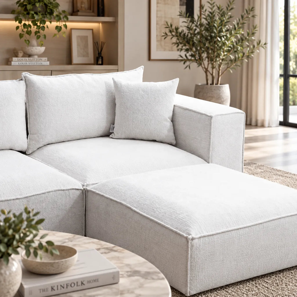 Canapé Elégance Chenille Modulable Blanc cassé 4+1 Pouf
