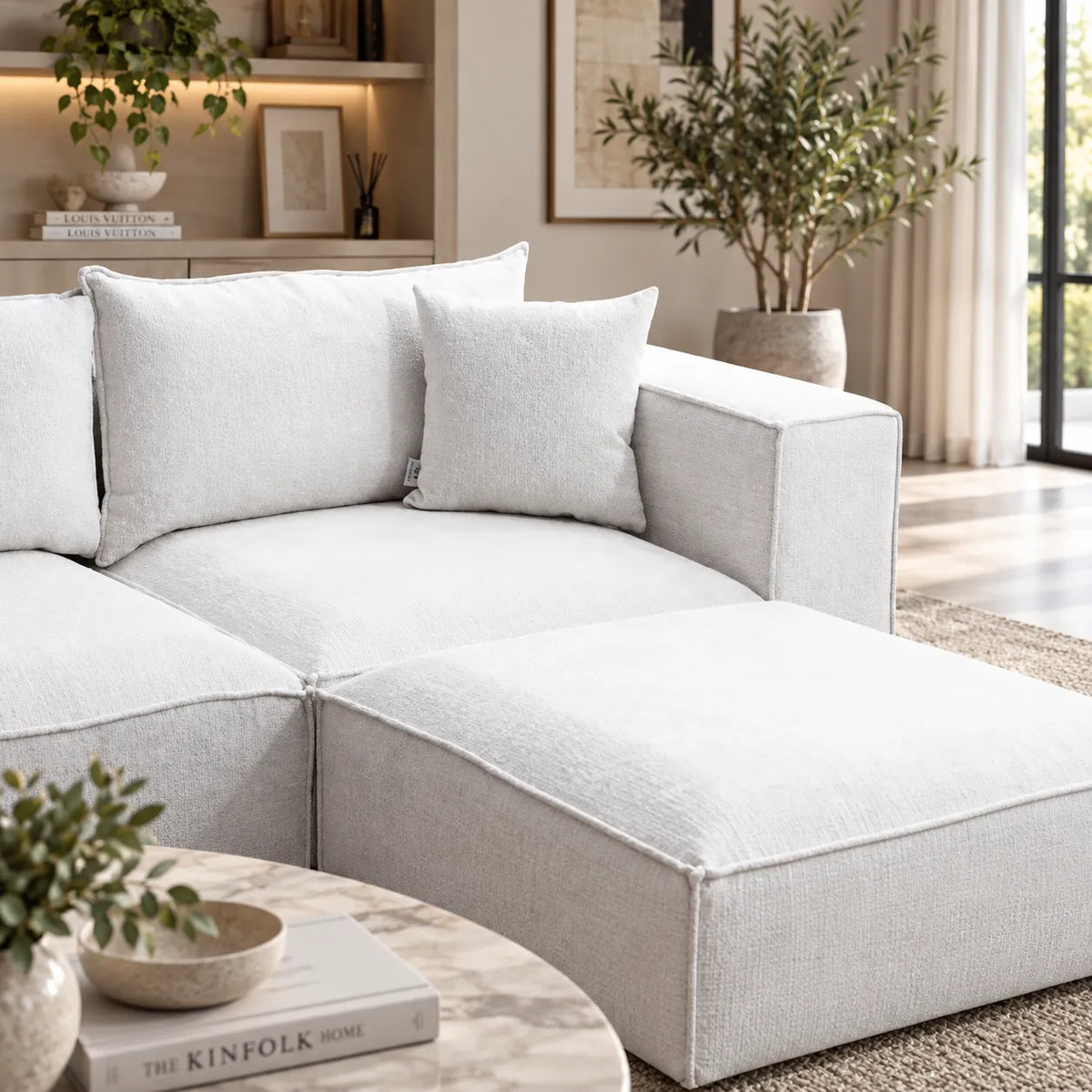 Canapé Elégance Chenille Modulable Blanc cassé 4+1 Pouf