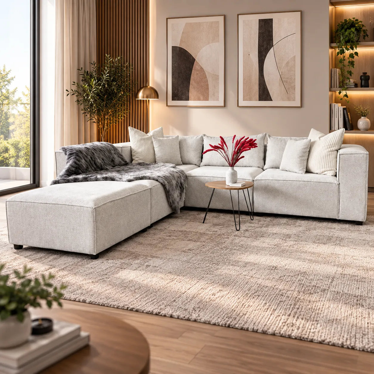 Canapé Elégance Chenille Modulable Blanc cassé 4+1 Pouf