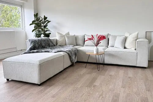 Canapé Elégance Chenille Modulable Blanc cassé 4+1 Pouf Swedzo-Meuble