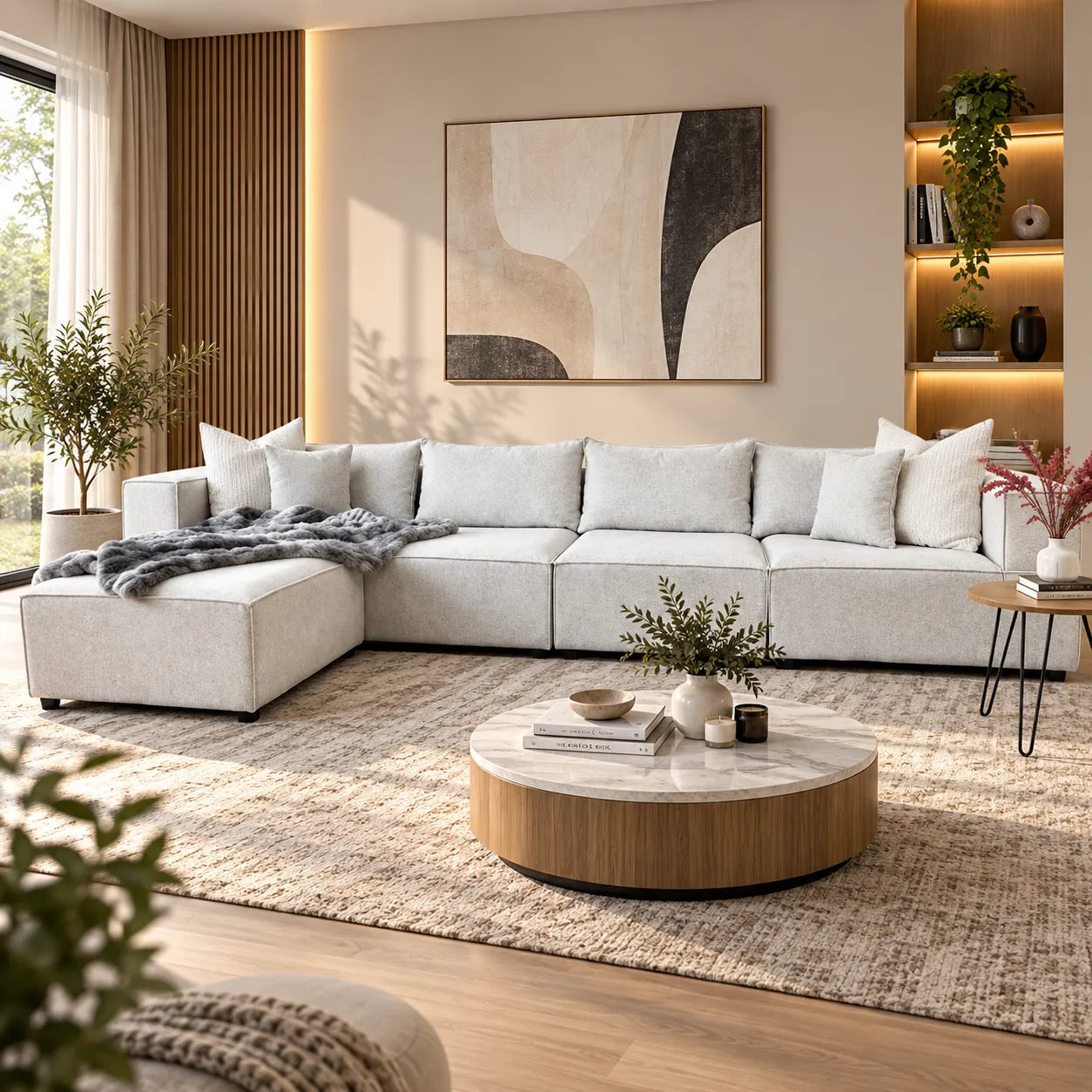 Canapé Elégance Chenille Modulable Blanc cassé 4+1 Pouf