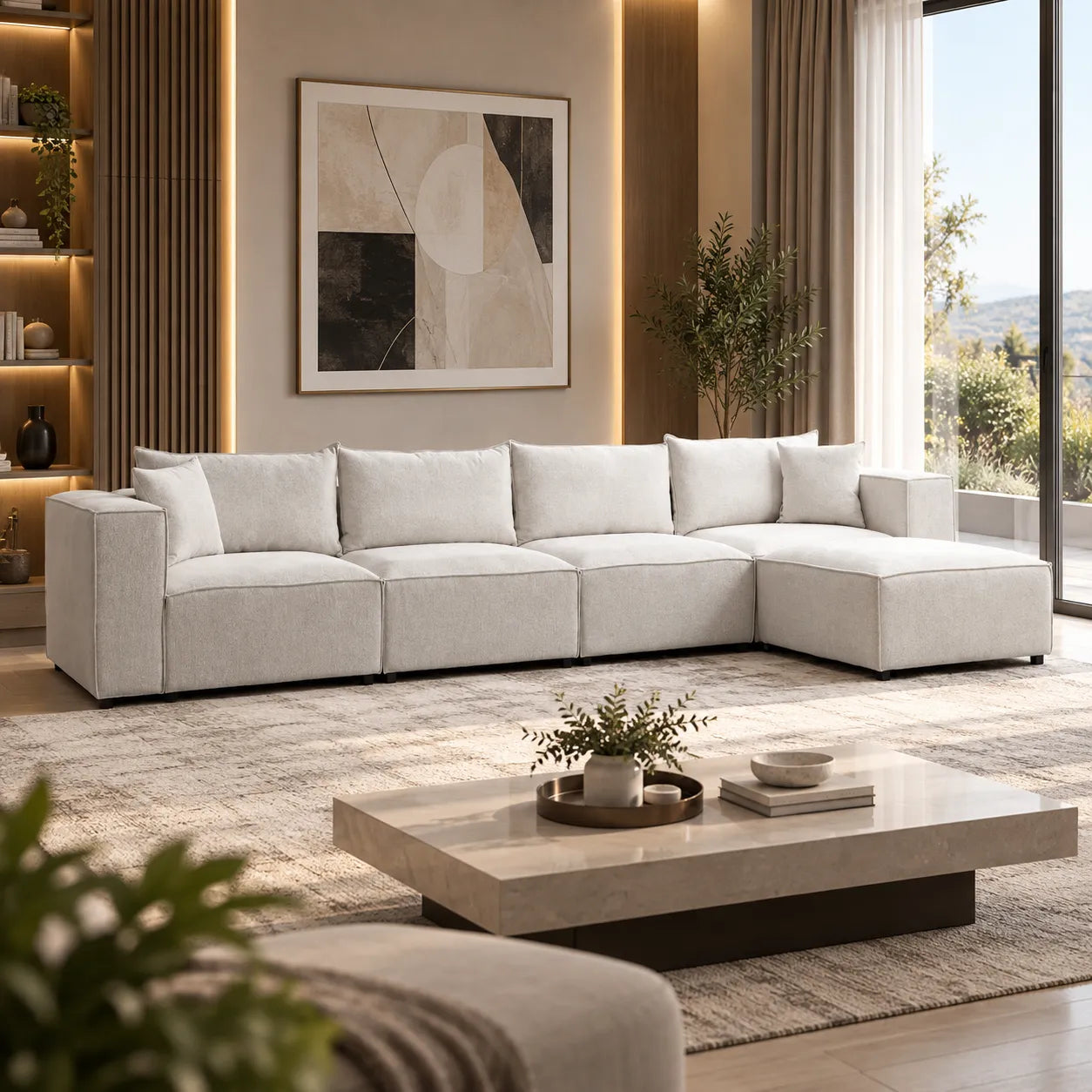 Canapé Elégance Chenille Modulable Blanc cassé 4+1 Pouf