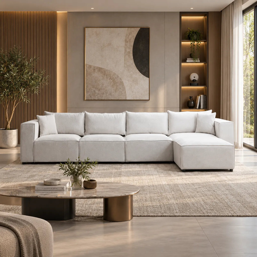 Canapé Elégance Chenille Modulable Blanc cassé 4+1 Pouf