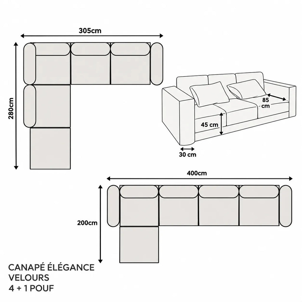 Canapé Elégance Velours Modulable 4+1 Pouf