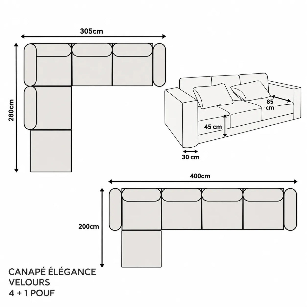 Canapé Elégance Velours Modulable 4+1 Pouf